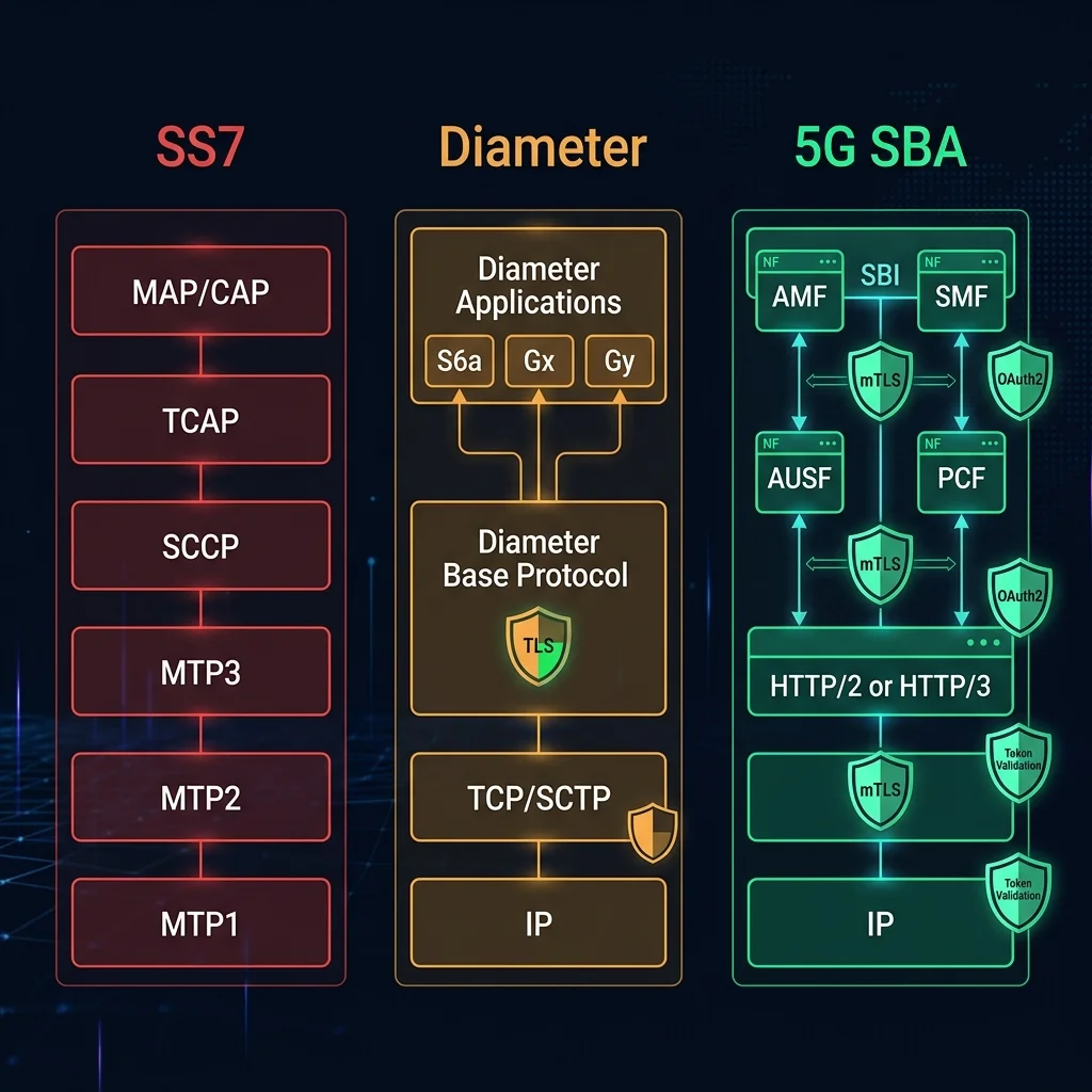 SS7, Diameter, and 5G SBA security comparison showing protocol evolution